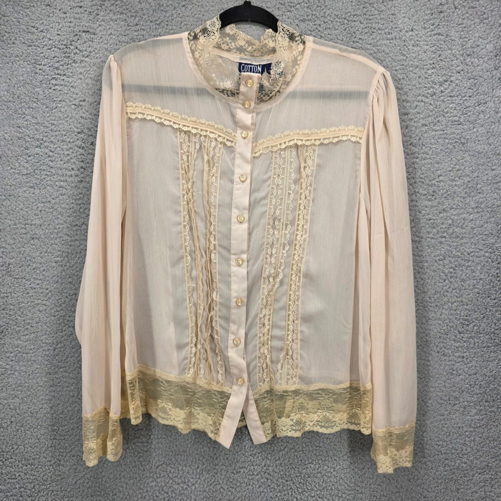 Cotton Express Missy Peach 100% Silk Lace Trim Button Down Blouse XL